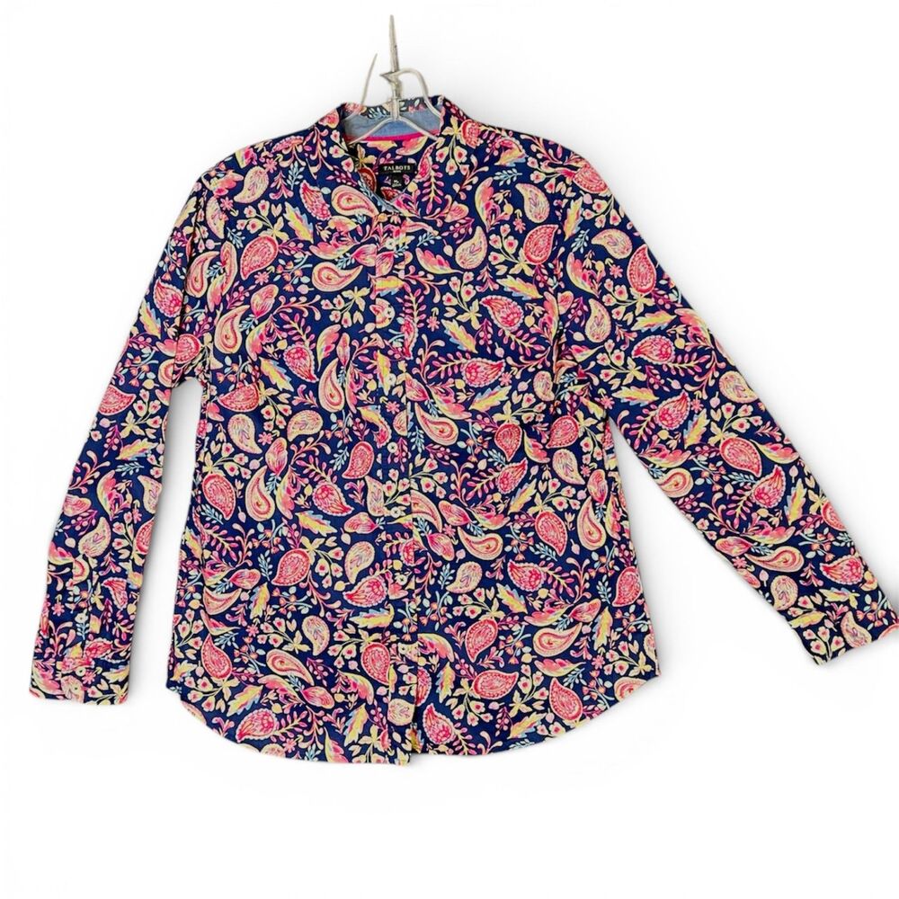 Talbots shirt blouse button up  MP cotton blue pink paisley